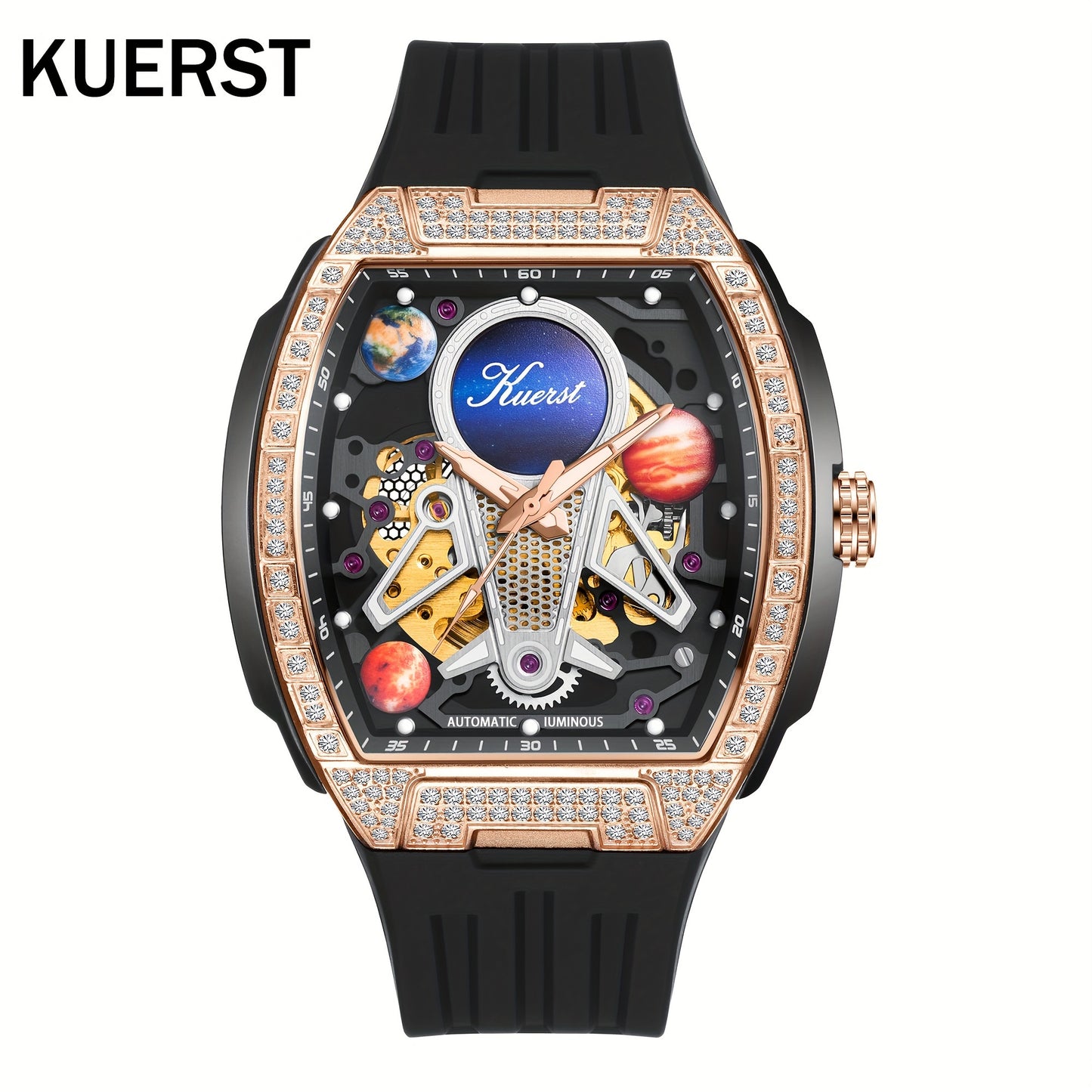 KUERST brand 2025 men's tape automatic mechanical watch classic wine barrel shape diamond-inlaid carved shell with 3D three-dimensional multi-level hollow face plate and back through cool watch