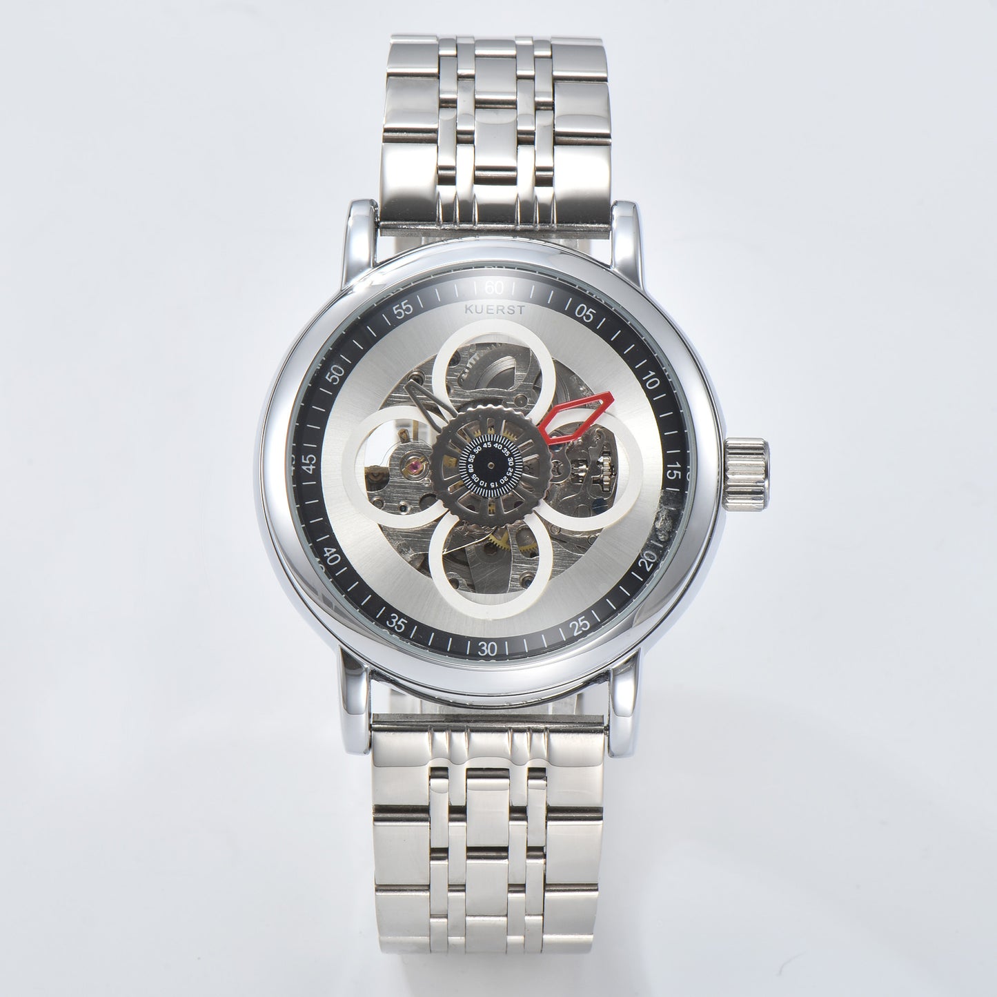 KUERST brand hot new men's steel belt automatic mechanical watch with four-leaf clover design 3D three-dimensional multi-level luminous hollow literal leisure business trend watches, suitable as a workplace to wear a sharp weapon