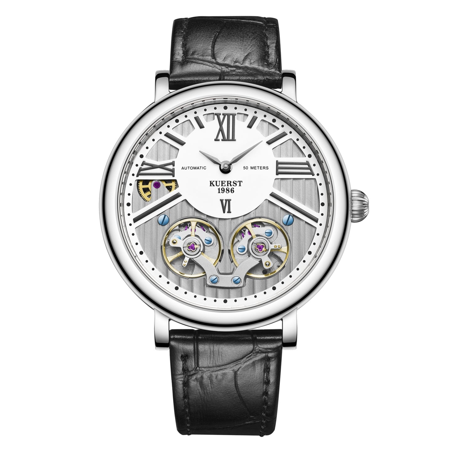 KUERST brand designer original men's belt automatic mechanical watch, fashion business trend new concept ultra-thin luminous double hollow-out creative tourbillon suitable for a variety of styles to wear