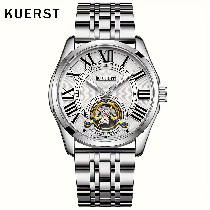 KUERST brand 2025 the latest men's stainless steel belt automatic mechanical watch simple three needle 3D three-dimensional multi-level hollow disc flywheel hollow design watches, business fashion suitable for all kinds of important occasions