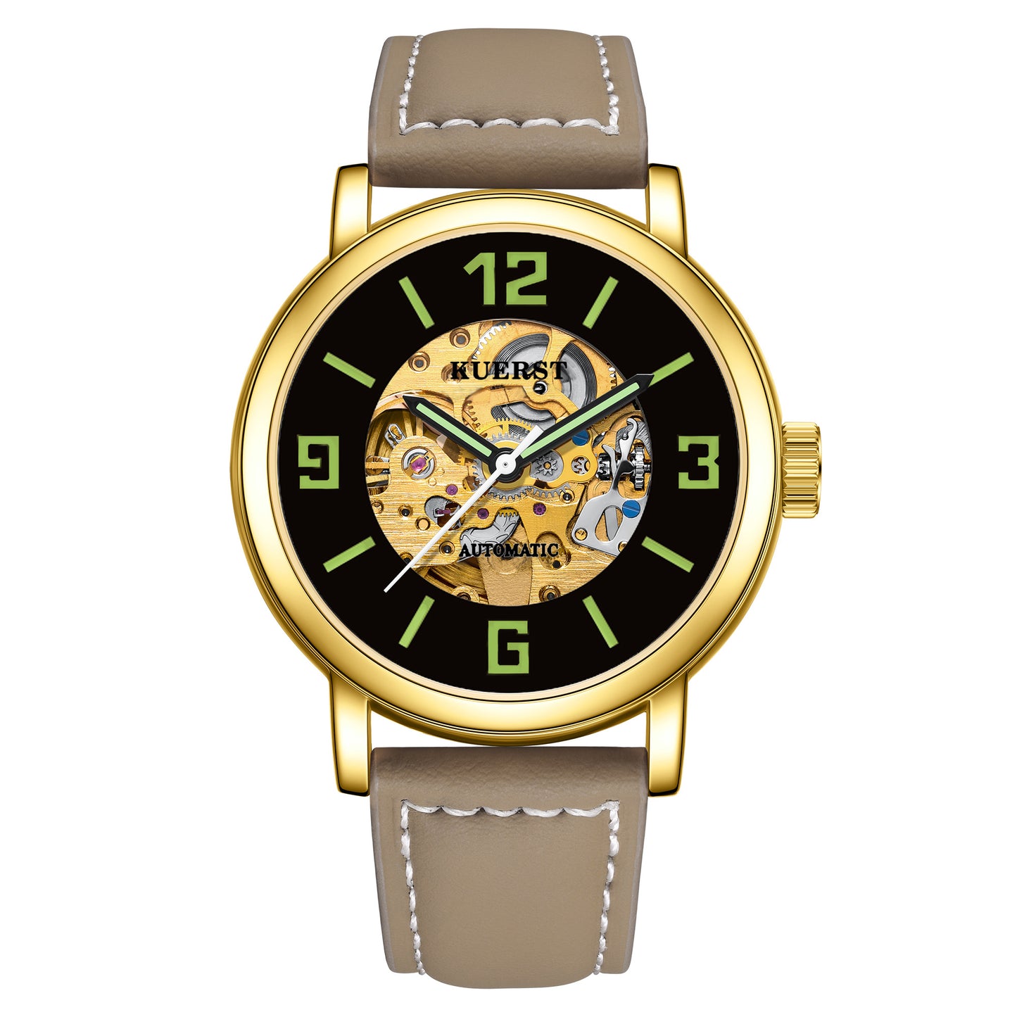 KUERST brand's latest products men's leather belt automatic mechanical watch hollow-out large digital classic simple dial design business leisure watch, blooming exclusive to your wrist fashion unique charm