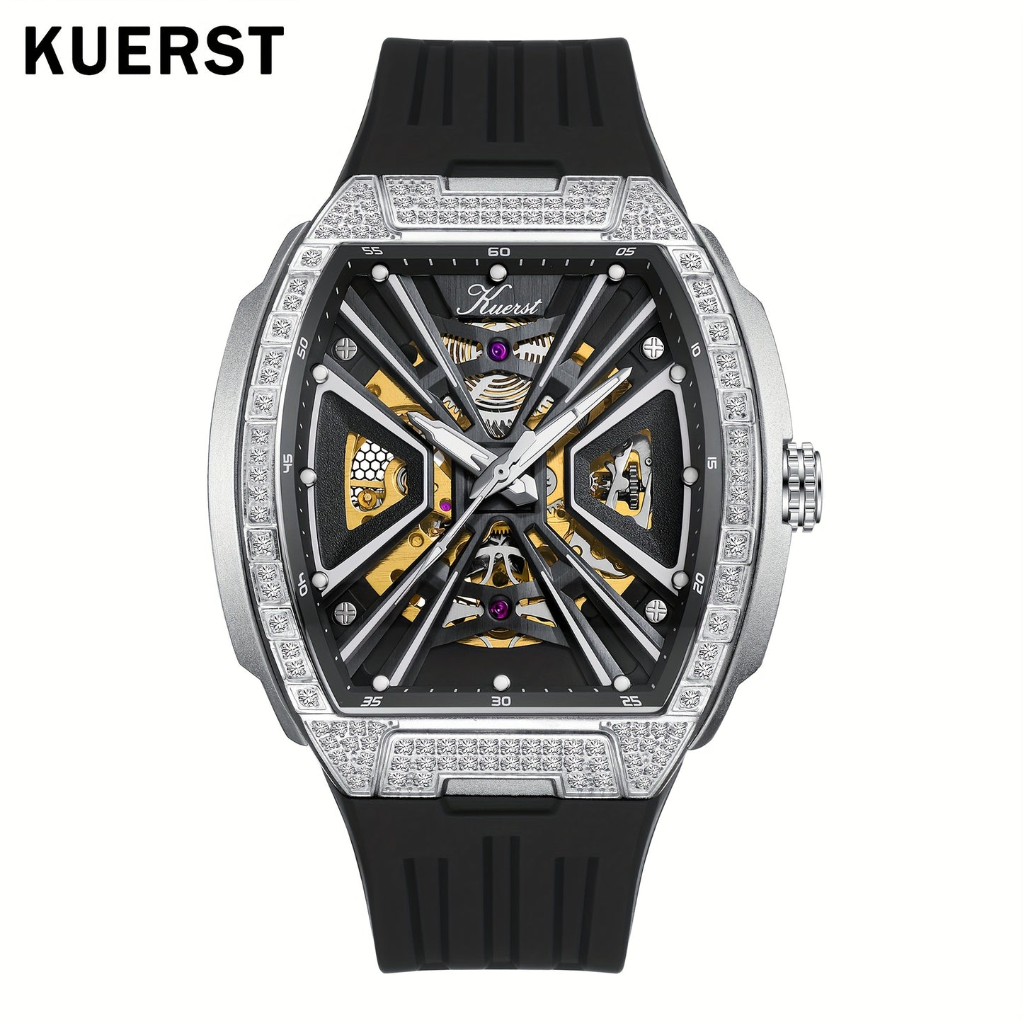KUERST brand 2025 men's tape automatic mechanical watch classic wine barrel shape diamond-inlaid carved shell with 3D three-dimensional multi-level hollow face plate and back through cool watch
