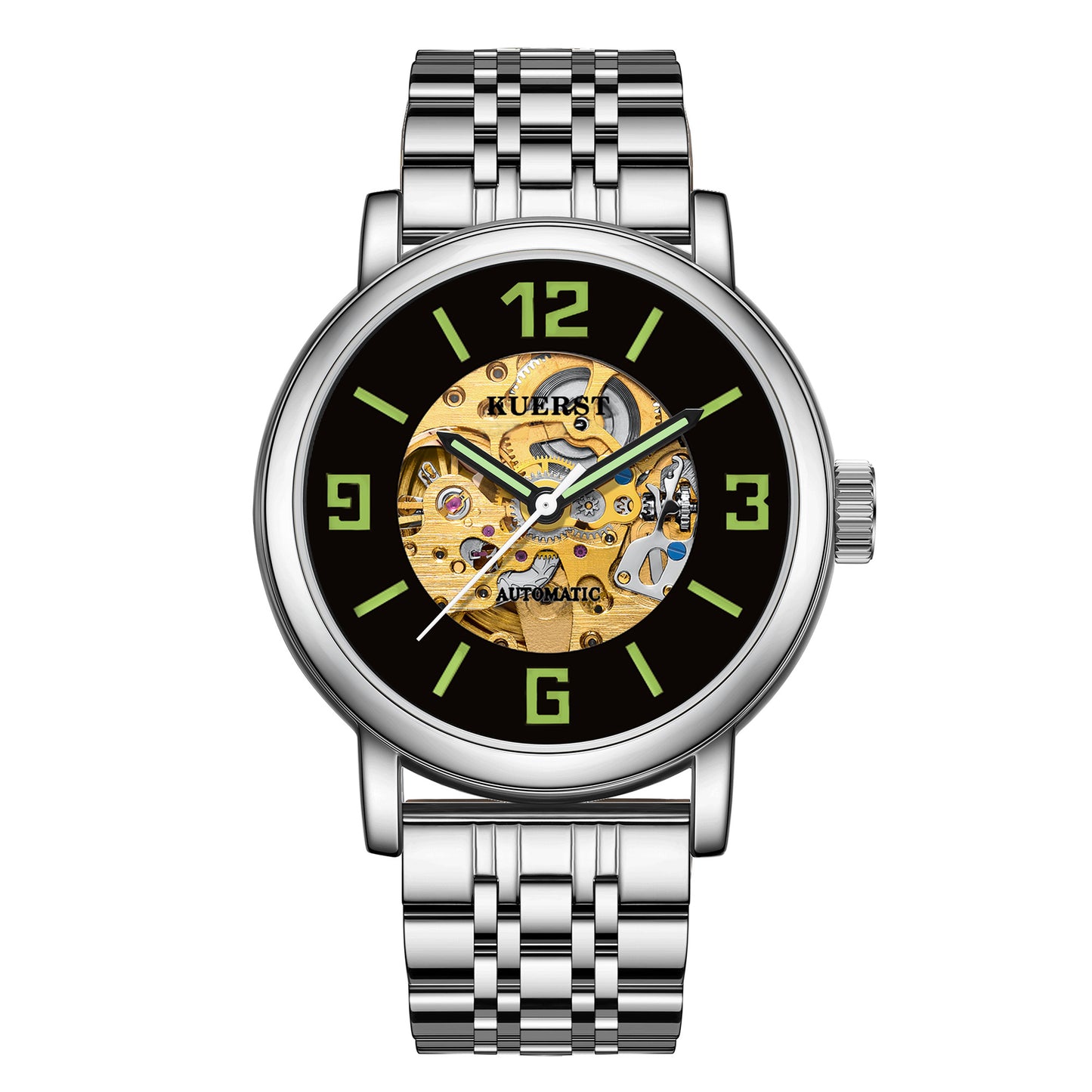 KUERST brand men's steel belt automatic mechanical watch luminous hollow-out large digital classic simple three-dimensional dial design business leisure watch, blooming exclusive to your wrist fashion unique charm