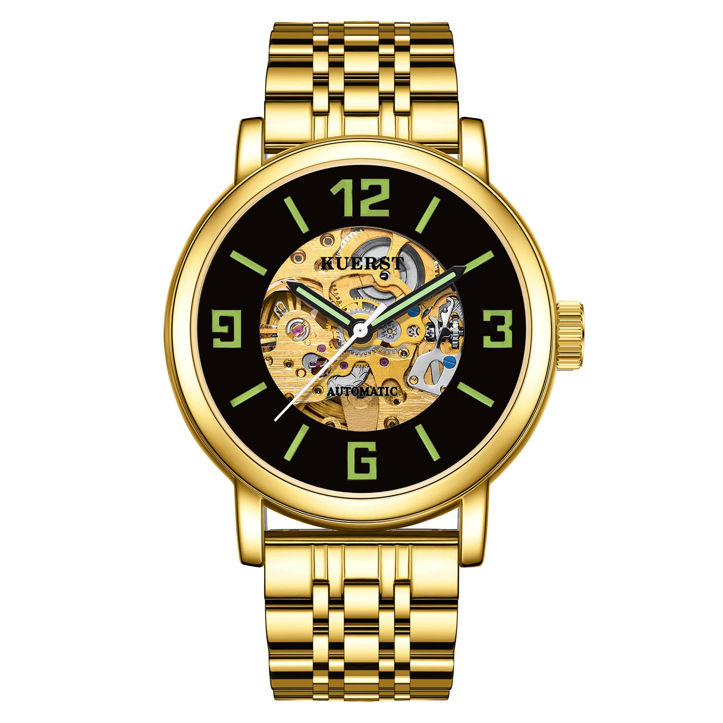 KUERST brand men's steel belt automatic mechanical watch luminous hollow-out large digital classic simple three-dimensional dial design business leisure watch, blooming exclusive to your wrist fashion unique charm
