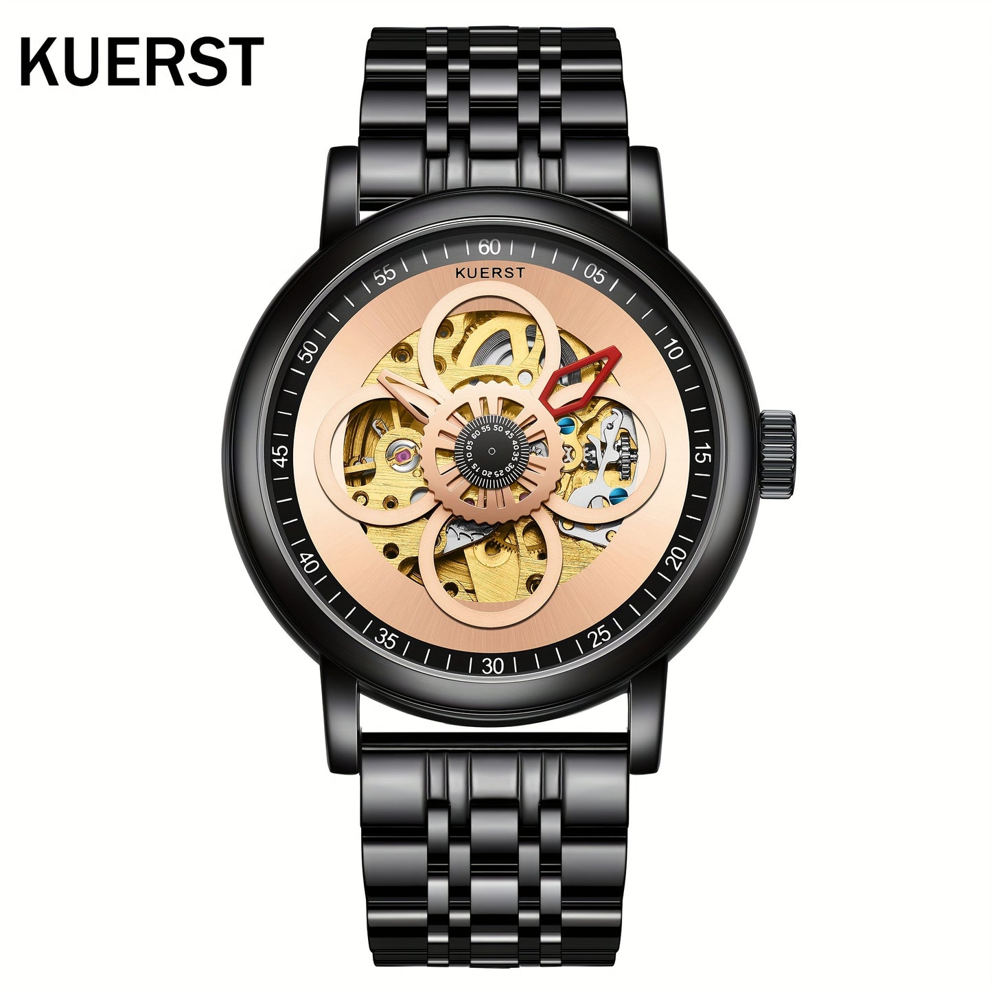 KUERST brand hot new men's steel belt automatic mechanical watch with four-leaf clover design 3D three-dimensional multi-level luminous hollow literal leisure business trend watches, suitable as a workplace to wear a sharp weapon