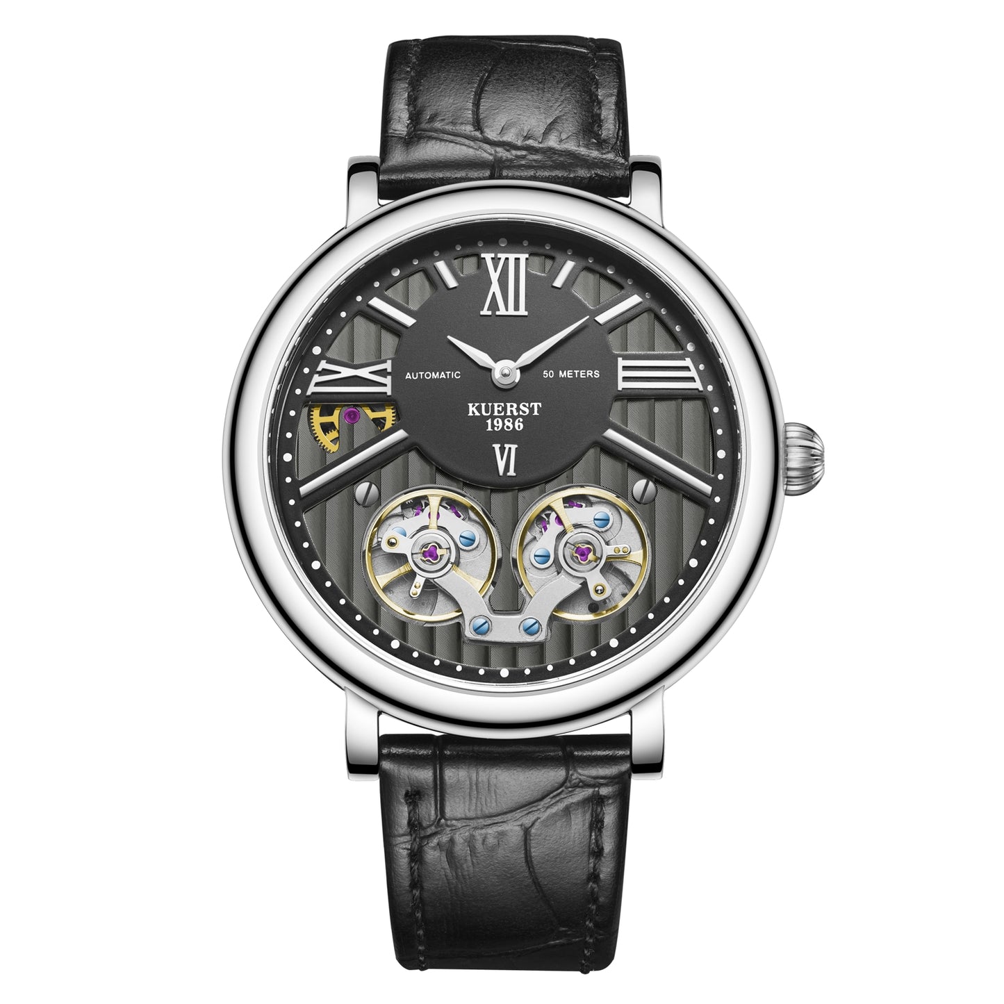 KUERST brand designer original men's belt automatic mechanical watch, fashion business trend new concept ultra-thin luminous double hollow-out creative tourbillon suitable for a variety of styles to wear