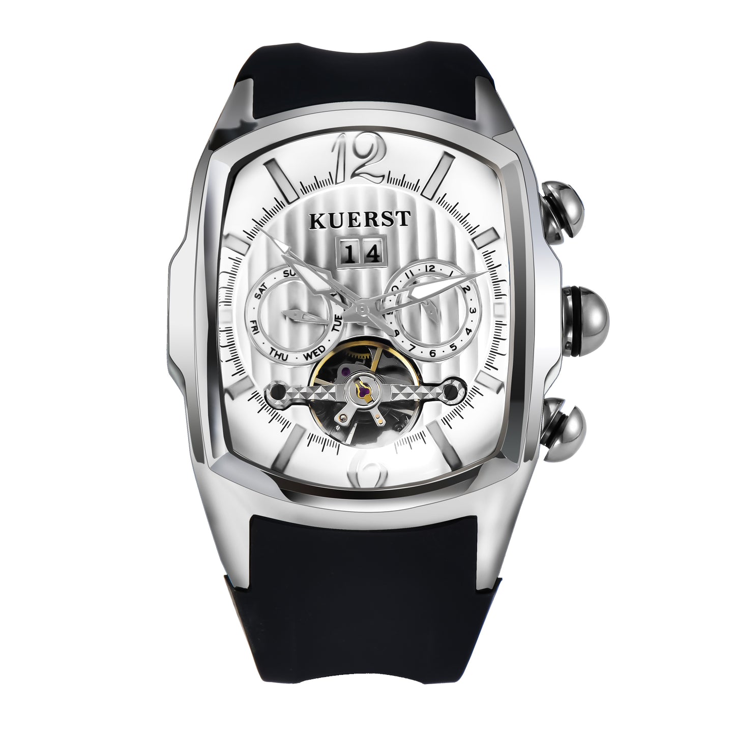 KUERST brand 2025 men's silicone strap Tank square dial watch with date hollow design high-grade atmosphere mature calm refined elegant high appearance level good-looking for daily wear