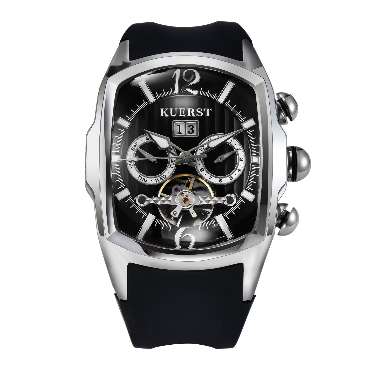 KUERST brand 2025 men's silicone strap Tank square dial watch with date hollow design high-grade atmosphere mature calm refined elegant high appearance level good-looking for daily wear