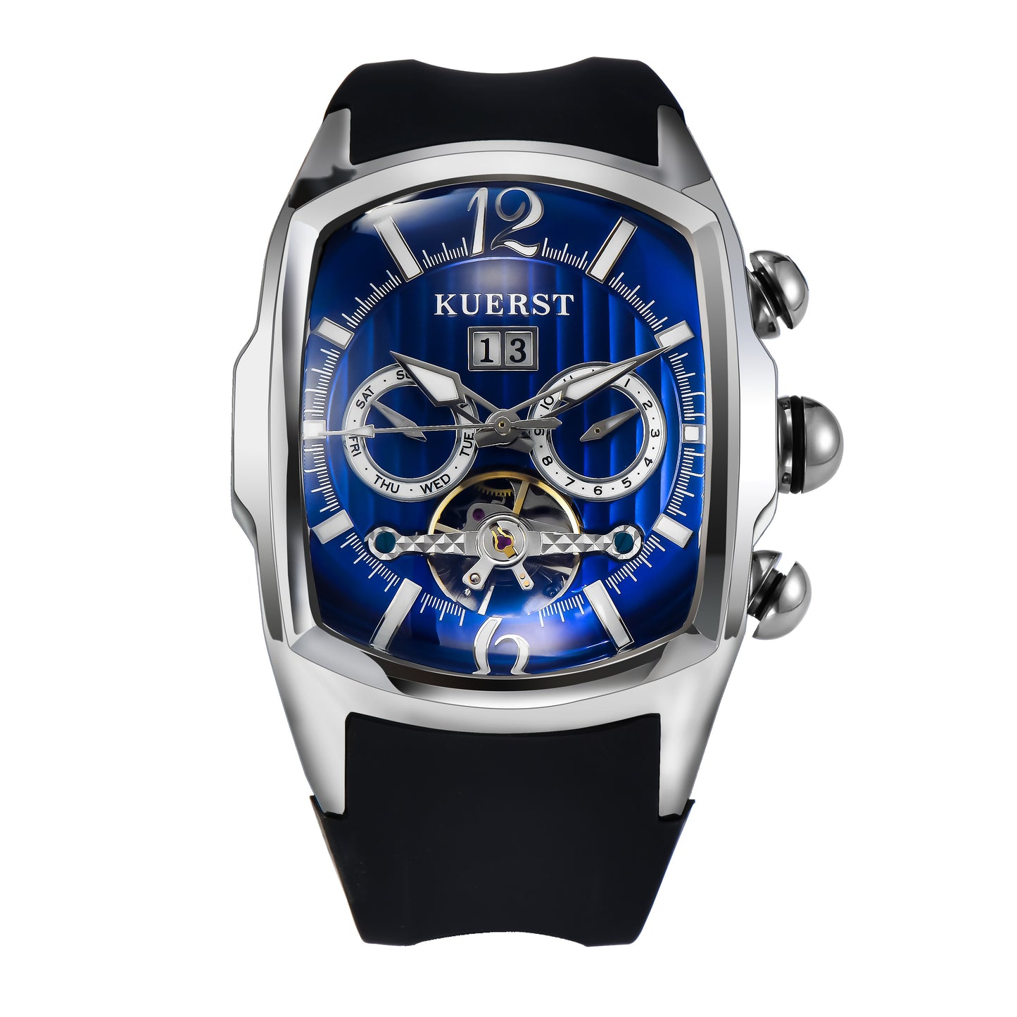 KUERST brand 2025 men's silicone strap Tank square dial watch with date hollow design high-grade atmosphere mature calm refined elegant high appearance level good-looking for daily wear