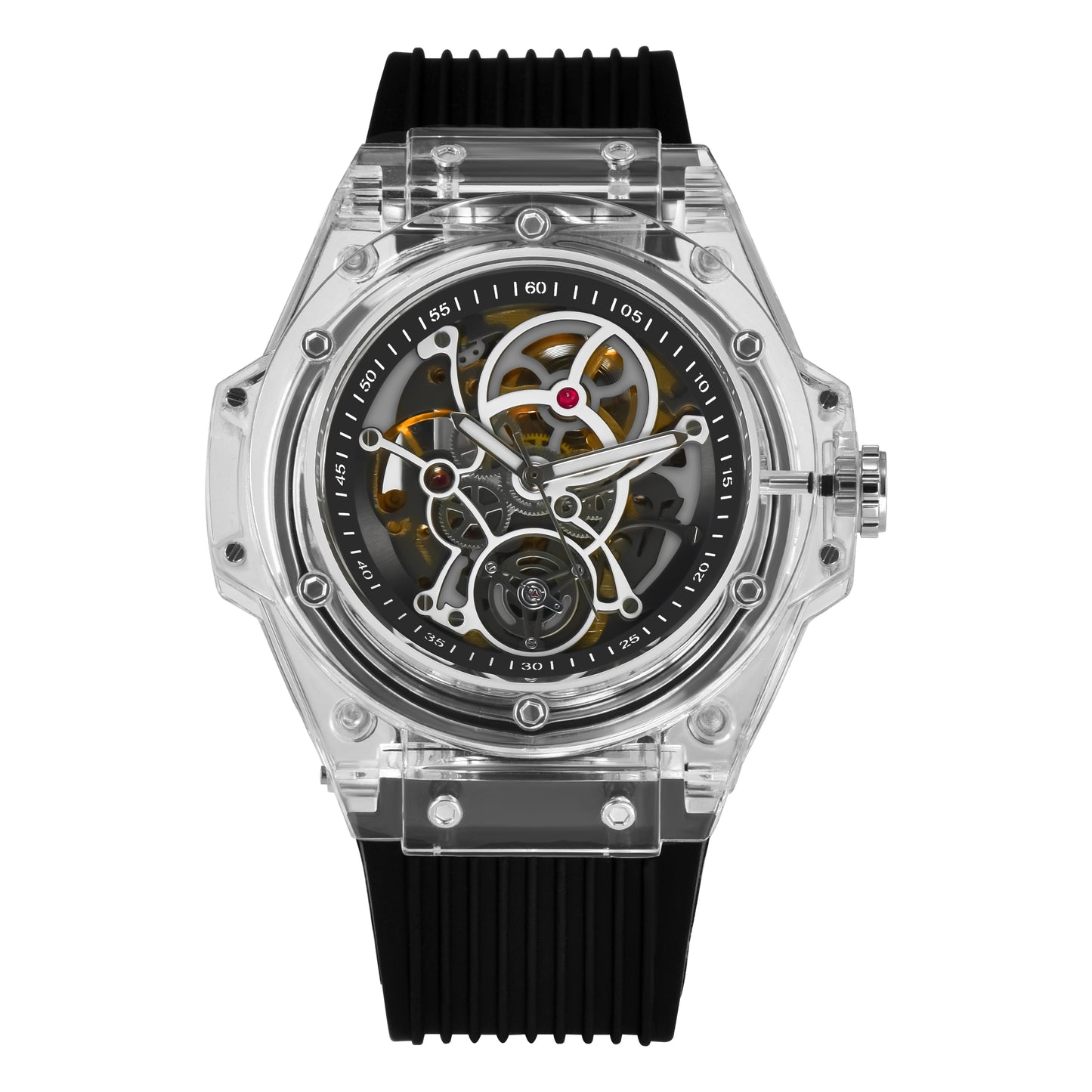 KUERST2025 famous brand selling fashion men's silicone belt automatic mechanical watch luminous hollow tourbillon transparent case design watch