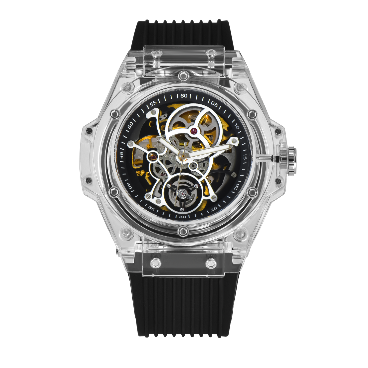 KUERST2025 famous brand selling fashion men's silicone belt automatic mechanical watch luminous hollow tourbillon transparent case design watch