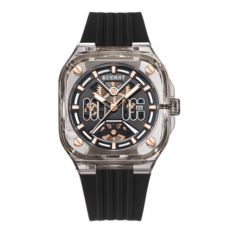 The KUERST brand quartz watch with adhesive tape features a transparent square dial and a multi-layered surface. It is lightweight, comfortable and has a calendar function. It is a trendy, casual and fashionable quartz watch