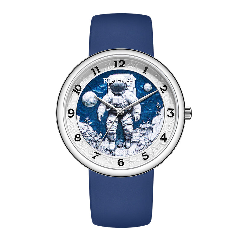 The KUERST brand men's silicone quartz watch with a planet and space style features a three-dimensional embossed dial suitable for various occasions
