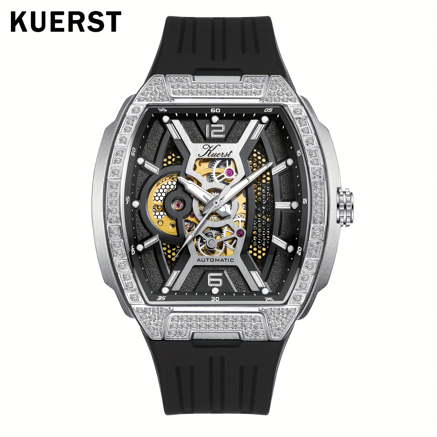 KUERST brand 2025 men's tape automatic mechanical watch classic wine barrel shape diamond-inlaid carved shell with 3D three-dimensional multi-level hollow face plate and back through cool watch