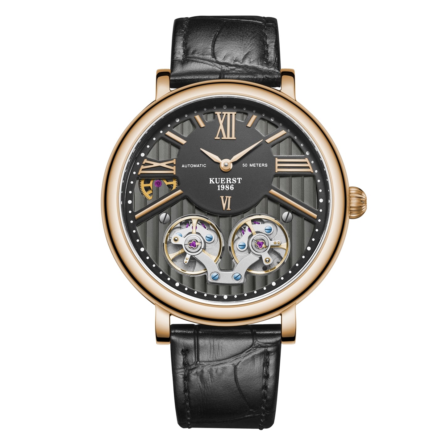 KUERST brand designer original men's belt automatic mechanical watch, fashion business trend new concept ultra-thin luminous double hollow-out creative tourbillon suitable for a variety of styles to wear