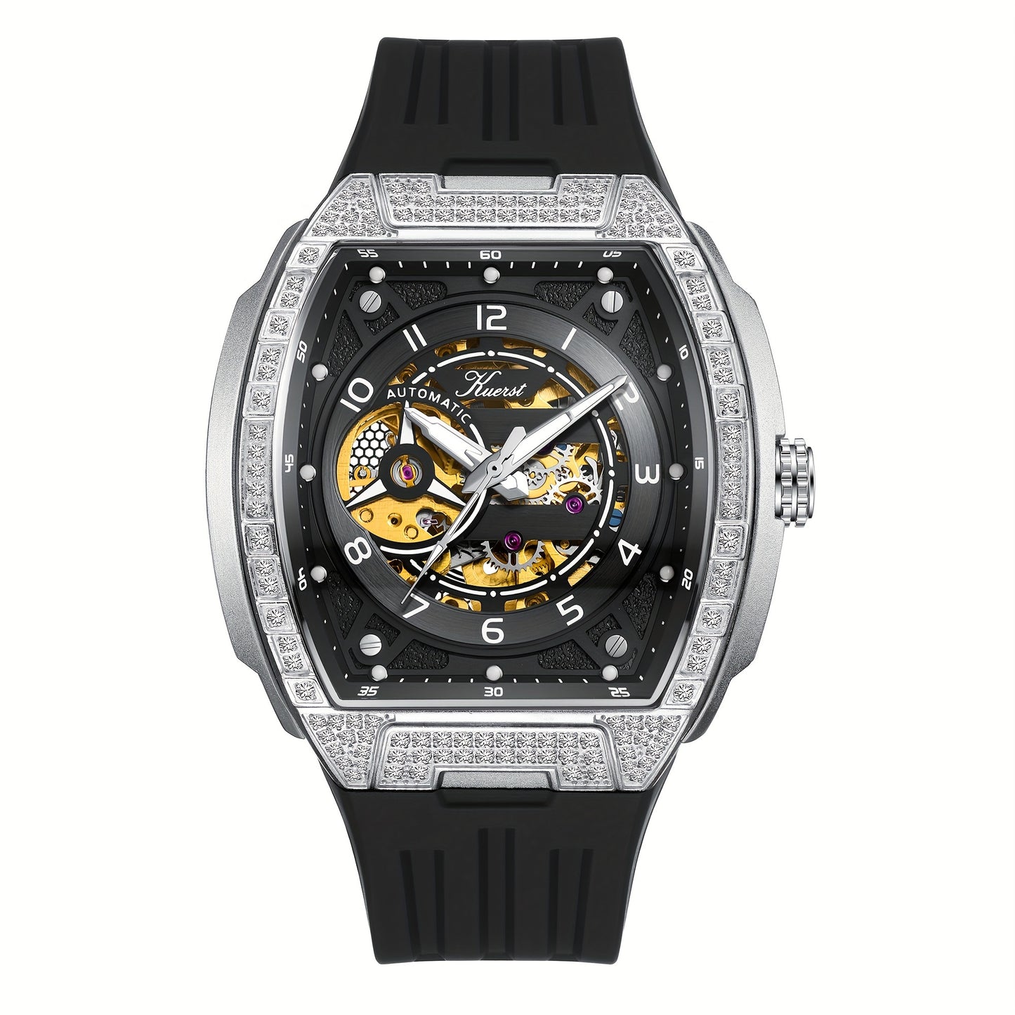 KUERST brand 2025 men's tape automatic mechanical watch classic wine barrel shape diamond-inlaid carved shell with 3D three-dimensional multi-level hollow face plate and back through cool watch