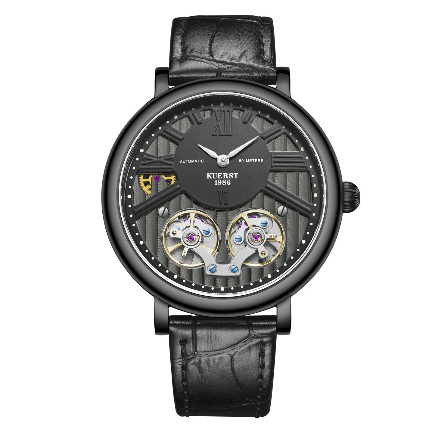 KUERST brand designer original men's belt automatic mechanical watch, fashion business trend new concept ultra-thin luminous double hollow-out creative tourbillon suitable for a variety of styles to wear