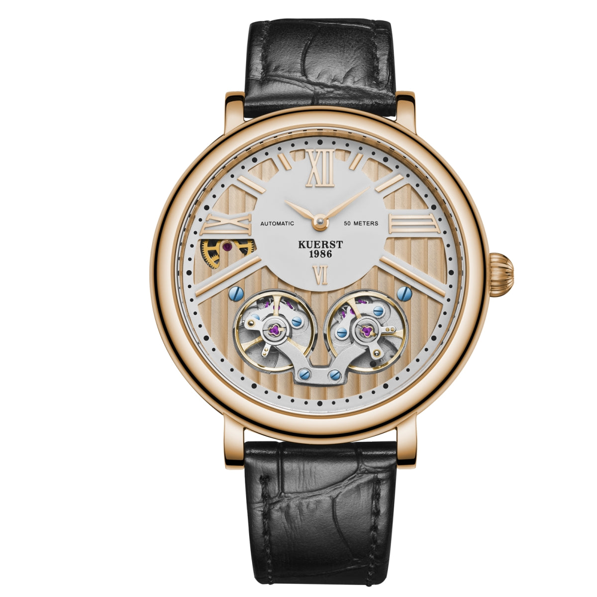 KUERST brand designer original men's belt automatic mechanical watch, fashion business trend new concept ultra-thin luminous double hollow-out creative tourbillon suitable for a variety of styles to wear