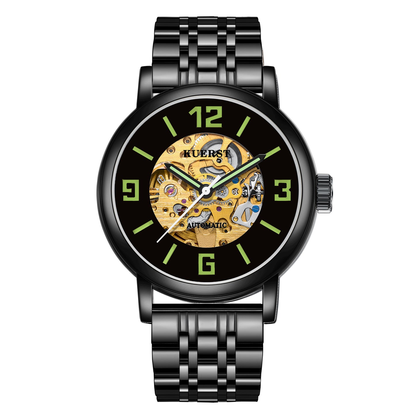 KUERST brand men's steel belt automatic mechanical watch luminous hollow-out large digital classic simple three-dimensional dial design business leisure watch, blooming exclusive to your wrist fashion unique charm