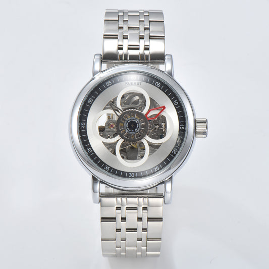 KUERST brand hot new men's steel belt automatic mechanical watch with four-leaf clover design 3D three-dimensional multi-level luminous hollow literal leisure business trend watches, suitable as a workplace to wear a sharp weapon