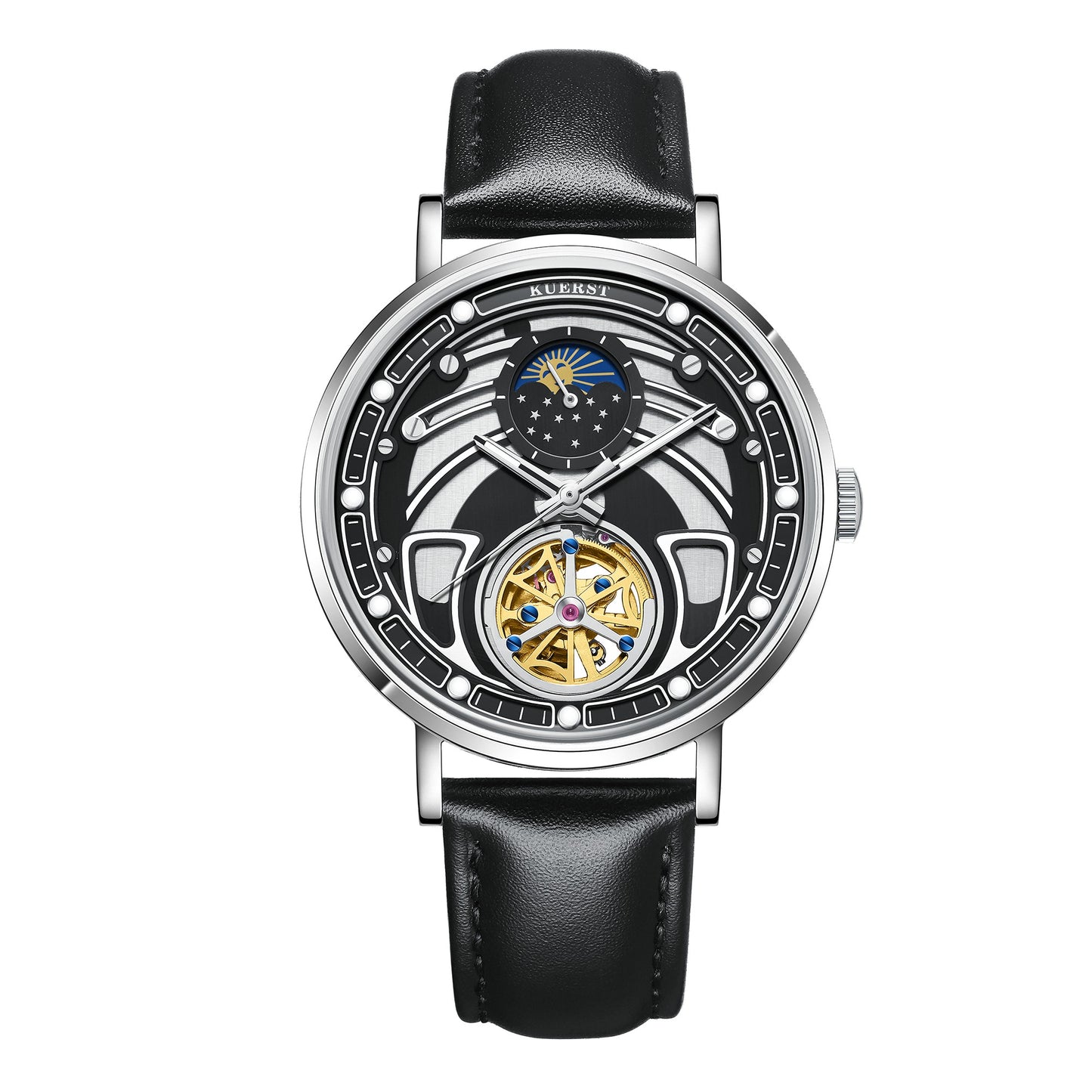 KUERST brand 2025 new men's leather belt automatic mechanical watch hollow multi-level art face plate Sun, moon and stars elegant timeless all-in-one artifacts suitable for father or lover friends the perfect gift