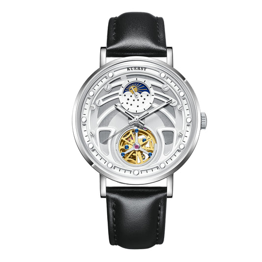 KUERST brand 2025 new men's leather belt automatic mechanical watch hollow multi-level art face plate Sun, moon and stars elegant timeless all-in-one artifacts suitable for father or lover friends the perfect gift