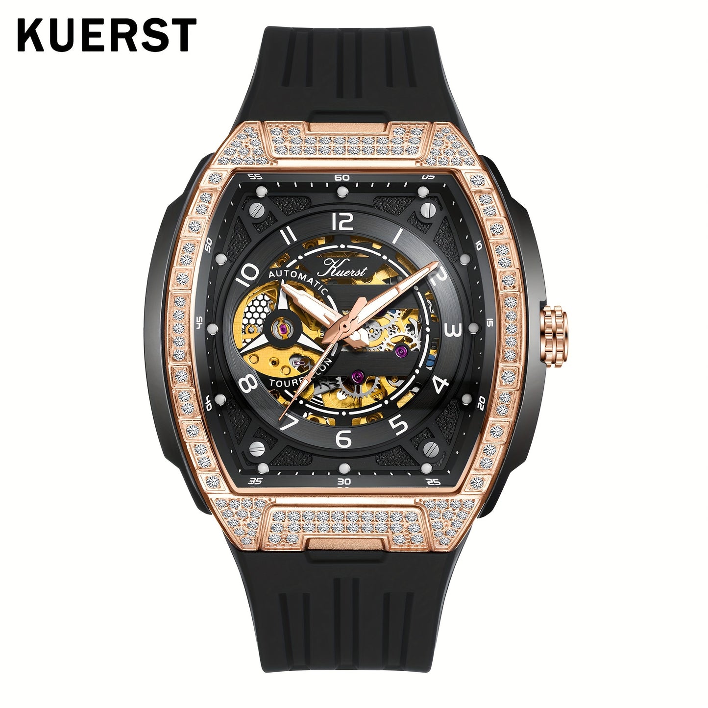 KUERST brand 2025 men's tape automatic mechanical watch classic wine barrel shape diamond-inlaid carved shell with 3D three-dimensional multi-level hollow face plate and back through cool watch