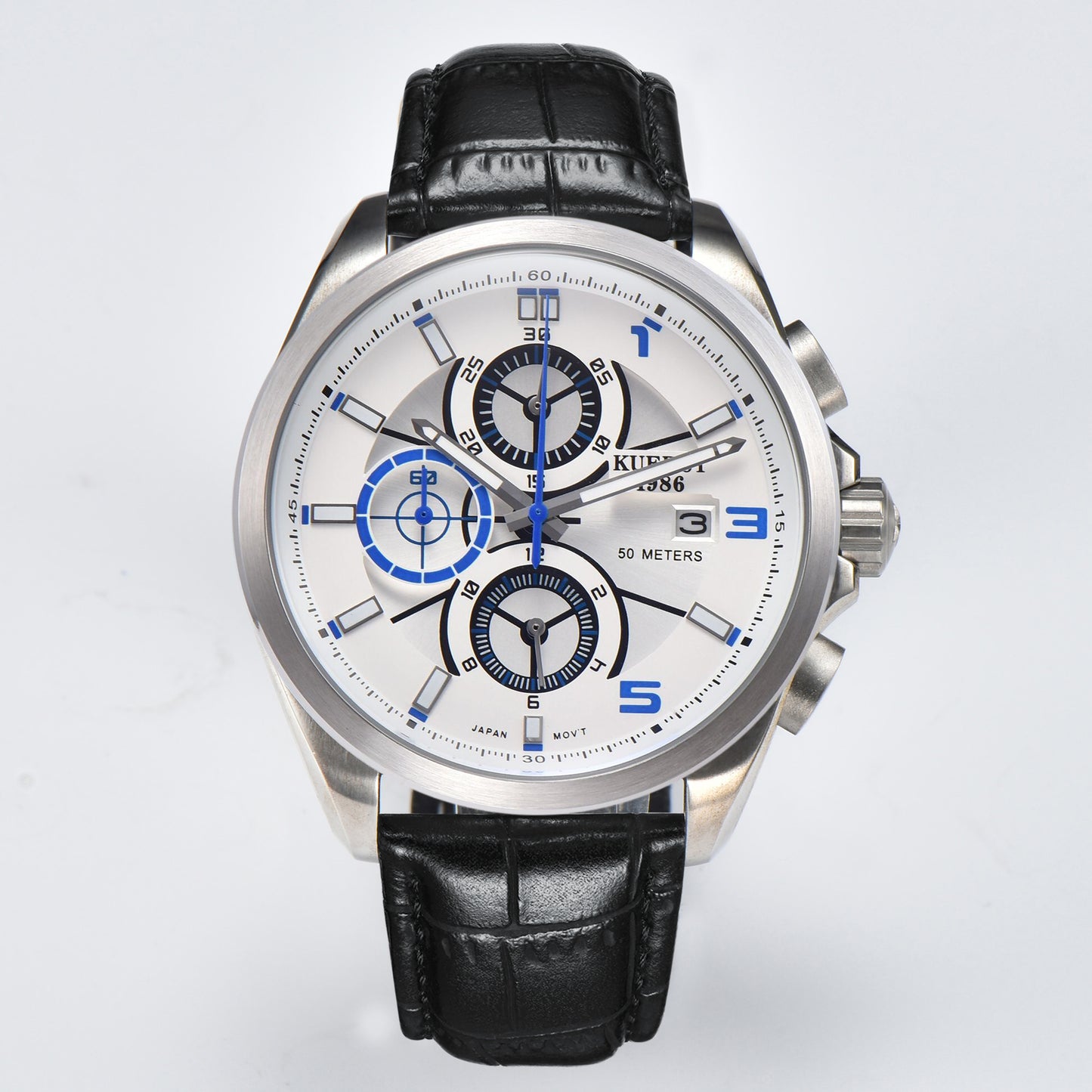 KUERST brand 2025 latest black technology hot goods Men's belt stainless steel watch case six hands three eyes large dial quartz watch with a variety of functions run second/timing hands gentleman style watch, exquisite gift gift of choice