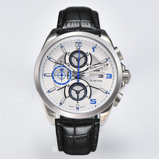 KUERST brand 2025 latest black technology hot goods Men's belt stainless steel watch case six hands three eyes large dial quartz watch with a variety of functions run second/timing hands gentleman style watch, exquisite gift gift of choice