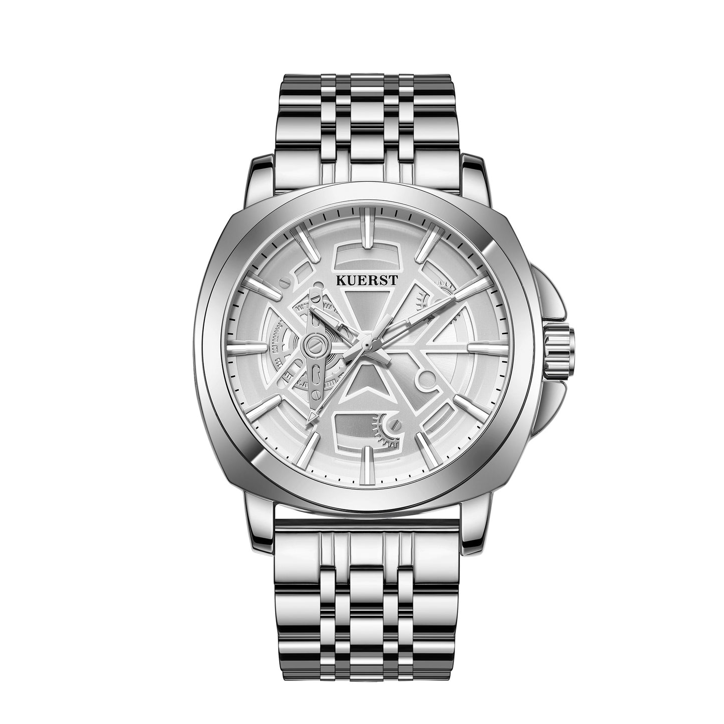 The KUERST brand men's quartz watch features a high-tech geometric pattern design concept. The time gear leaps on the wrist. This trendy and fashionable quartz watch is suitable for wearing in various occasions