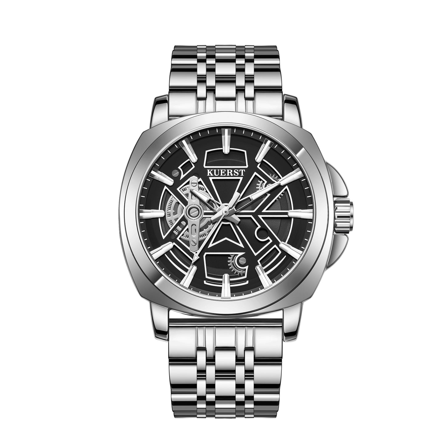 The KUERST brand men's quartz watch features a high-tech geometric pattern design concept. The time gear leaps on the wrist. This trendy and fashionable quartz watch is suitable for wearing in various occasions