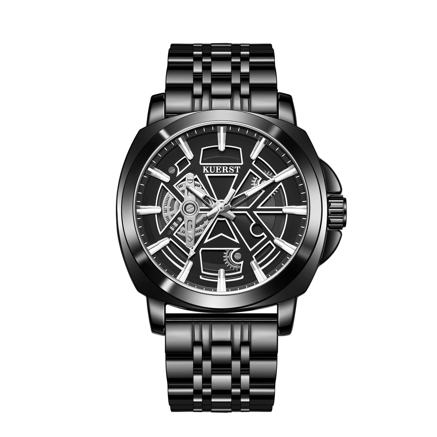 The KUERST brand men's quartz watch features a high-tech geometric pattern design concept. The time gear leaps on the wrist. This trendy and fashionable quartz watch is suitable for wearing in various occasions
