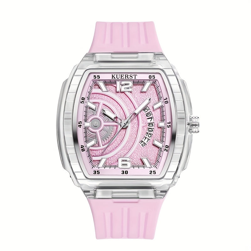 The KUERST brand men's quartz watch with a transparent case and barrel-shaped design is lightweight, comfortable and features a calendar function. It is a trendy and fashionable quartz wristwatch
