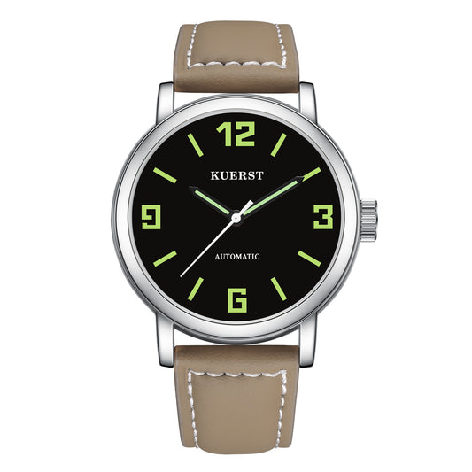 KUERST brand men's belt automatic mechanical watch ultra-thin large back transparent dial with luminous use of classic simple three-pin three-dimensional large digital design high-end atmospheric brand watch, Valentine's Day/birthday gift of choice