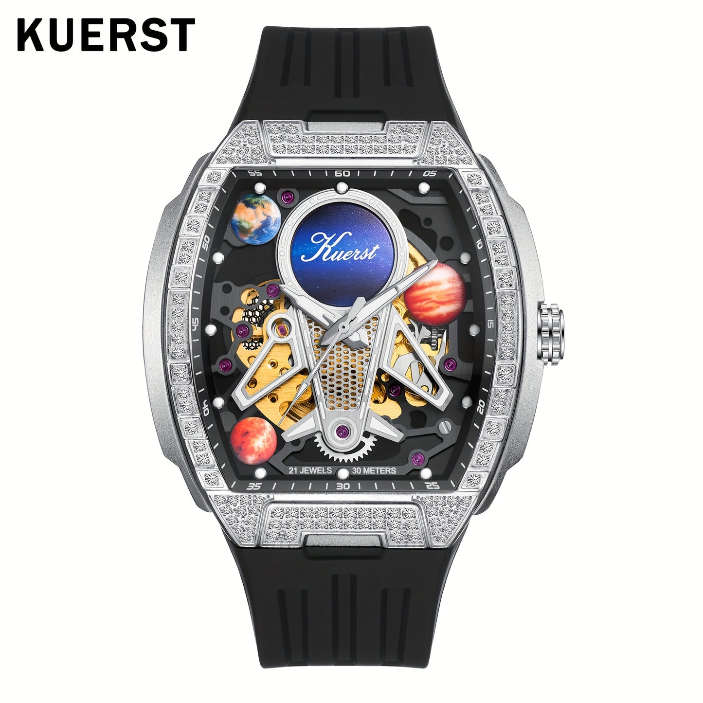 KUERST brand 2025 men's tape automatic mechanical watch classic wine barrel shape diamond-inlaid carved shell with 3D three-dimensional multi-level hollow face plate and back through cool watch