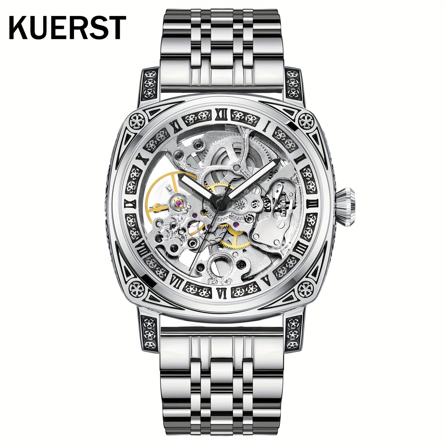 KUERST brand 2025 the latest authentic men's steel belt automatic mechanical watch, retro gold carved shell with hollow-out classic simple three-pin brand high-end watch