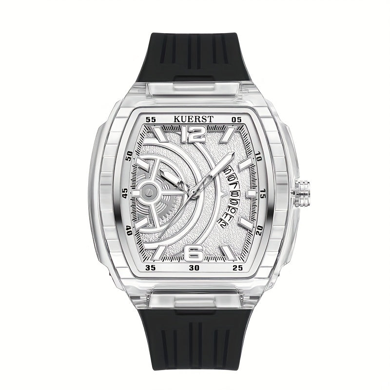 The KUERST brand men's quartz watch with a transparent case and barrel-shaped design is lightweight, comfortable and features a calendar function. It is a trendy and fashionable quartz wristwatch