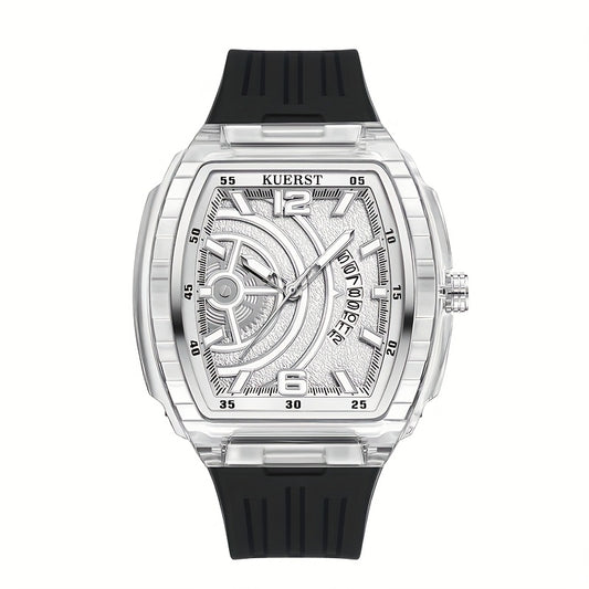 The KUERST brand men's quartz watch with a transparent case and barrel-shaped design is lightweight, comfortable and features a calendar function. It is a trendy and fashionable quartz wristwatch