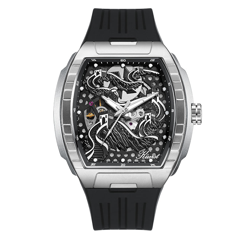 The KUERST brand men's barrel-shaped tape automatic mechanical watch features a 3D case, double-sided openwork and transparent back. It is a luxurious, casual and trendy business watch suitable for various occasions
