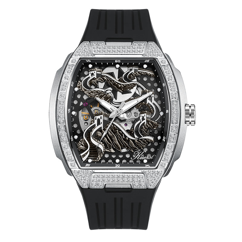 The KUERST brand men's barrel-shaped tape automatic mechanical watch features a 3D case, double-sided openwork and transparent back. It is a luxurious, casual and trendy business watch suitable for various occasions