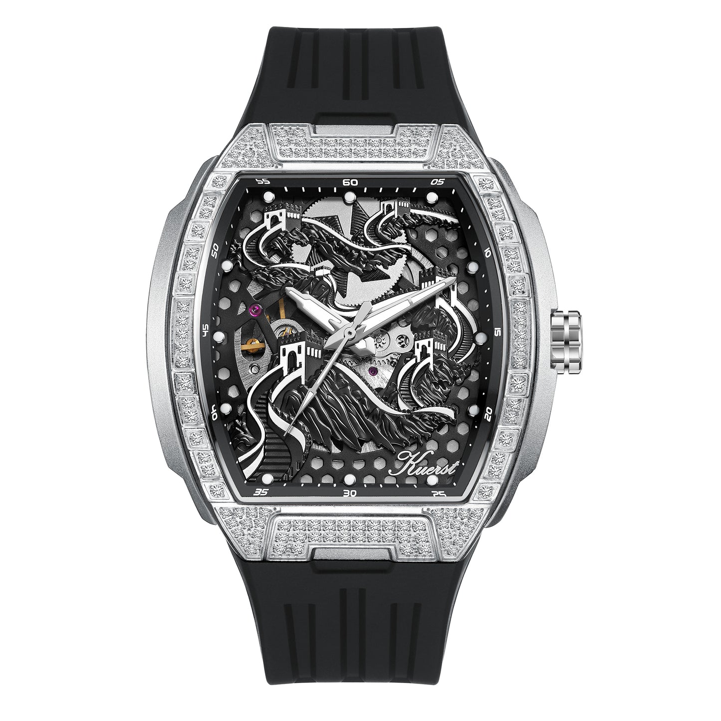 The KUERST brand men's barrel-shaped tape automatic mechanical watch features a 3D case, double-sided openwork and transparent back. It is a luxurious, casual and trendy business watch suitable for various occasions