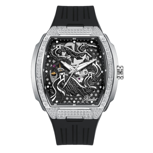 The KUERST brand men's barrel-shaped tape automatic mechanical watch features a 3D case, double-sided openwork and transparent back. It is a luxurious, casual and trendy business watch suitable for various occasions
