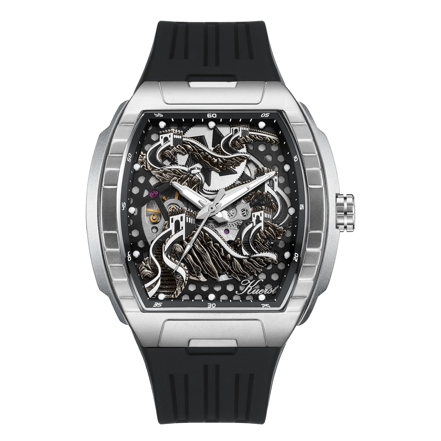 The KUERST brand men's barrel-shaped tape automatic mechanical watch features a 3D case, double-sided openwork and transparent back. It is a luxurious, casual and trendy business watch suitable for various occasions