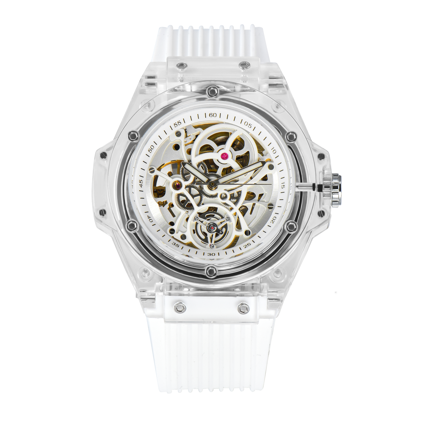KUERST2025 famous brand selling fashion men's silicone belt automatic mechanical watch luminous hollow tourbillon transparent case design watch