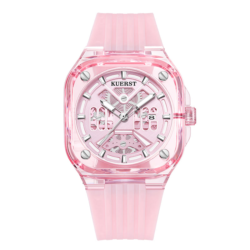 The KUERST brand quartz watch with adhesive tape features a transparent square dial and a multi-layered surface. It is lightweight, comfortable and has a calendar function. It is a trendy, casual and fashionable quartz watch