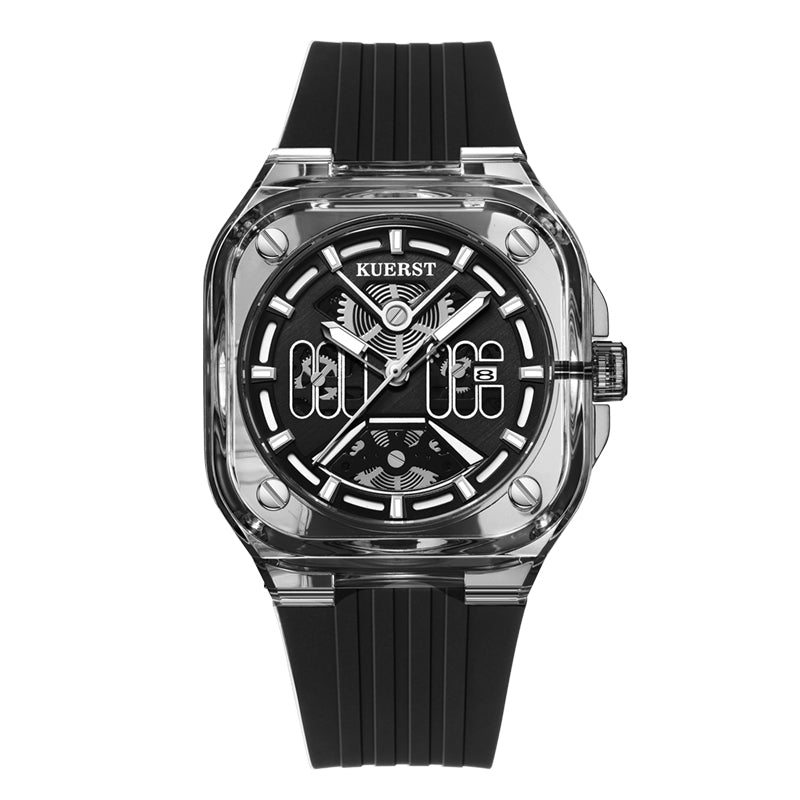 The KUERST brand quartz watch with adhesive tape features a transparent square dial and a multi-layered surface. It is lightweight, comfortable and has a calendar function. It is a trendy, casual and fashionable quartz watch