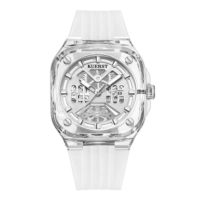 The KUERST brand quartz watch with adhesive tape features a transparent square dial and a multi-layered surface. It is lightweight, comfortable and has a calendar function. It is a trendy, casual and fashionable quartz watch