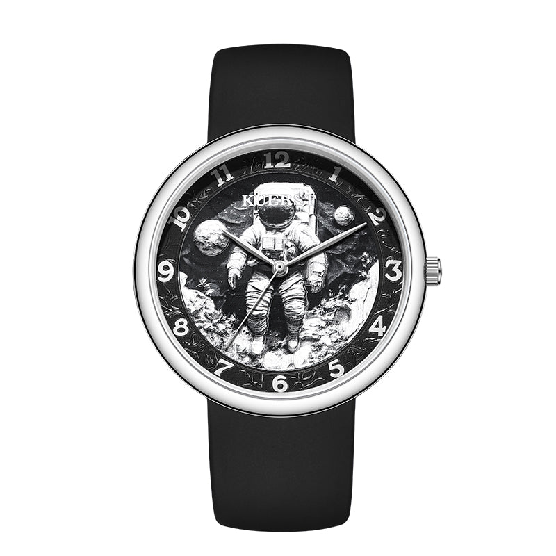 The KUERST brand men's silicone quartz watch with a planet and space style features a three-dimensional embossed dial suitable for various occasions