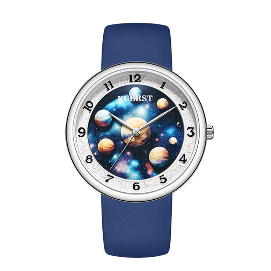 The KUERST brand men's silicone quartz watch with a planet and space style features a three-dimensional embossed dial suitable for various occasions