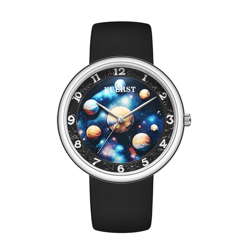 The KUERST brand men's silicone quartz watch with a planet and space style features a three-dimensional embossed dial suitable for various occasions
